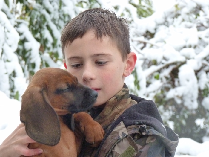 Jeune homme avec un chien de rouge dans les bras